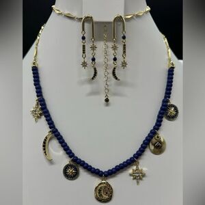Rachel Roy Manifest Gold Plated Navy Beaded Moon/Stars Crystal Dangle Neck & Ear